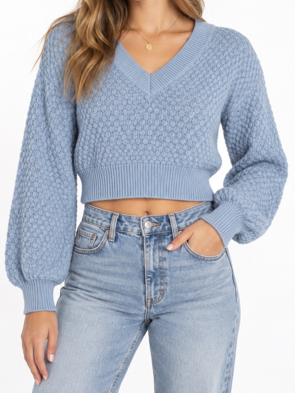 Hippie Rose Blue Textured Knit V-Neck Cropped Sweater Balloon Sleeve Small
